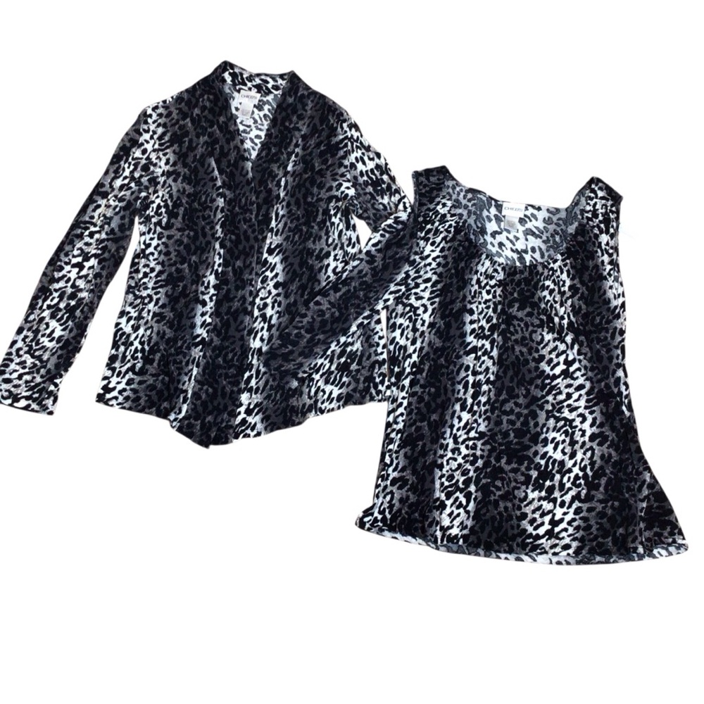 Chico’s Leopard Print Black-Gray 2-Piece Tank & Cardigan Set | Size 2 (L/12) - Picture 2 of 9